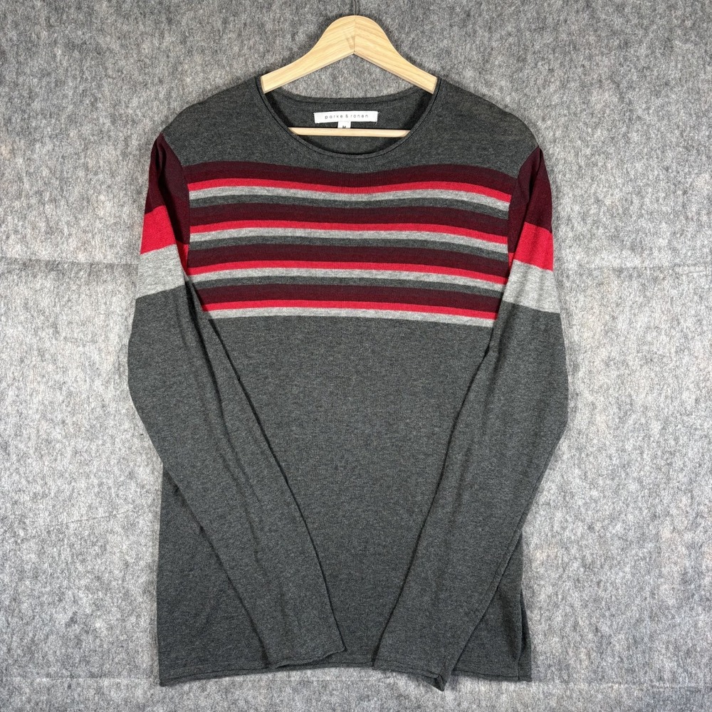 Parke and Ronen Sweater Men's Medium Gray Red Stripe Pullover Lightweight Crew‎